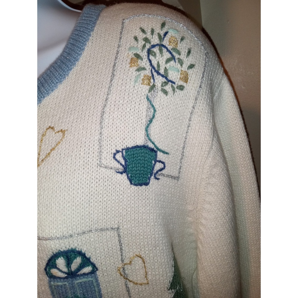 Vintage Winter Wonderland Embroidered Cardigan Sweater Blue Cream Christmas L - Picture 5 of 15
